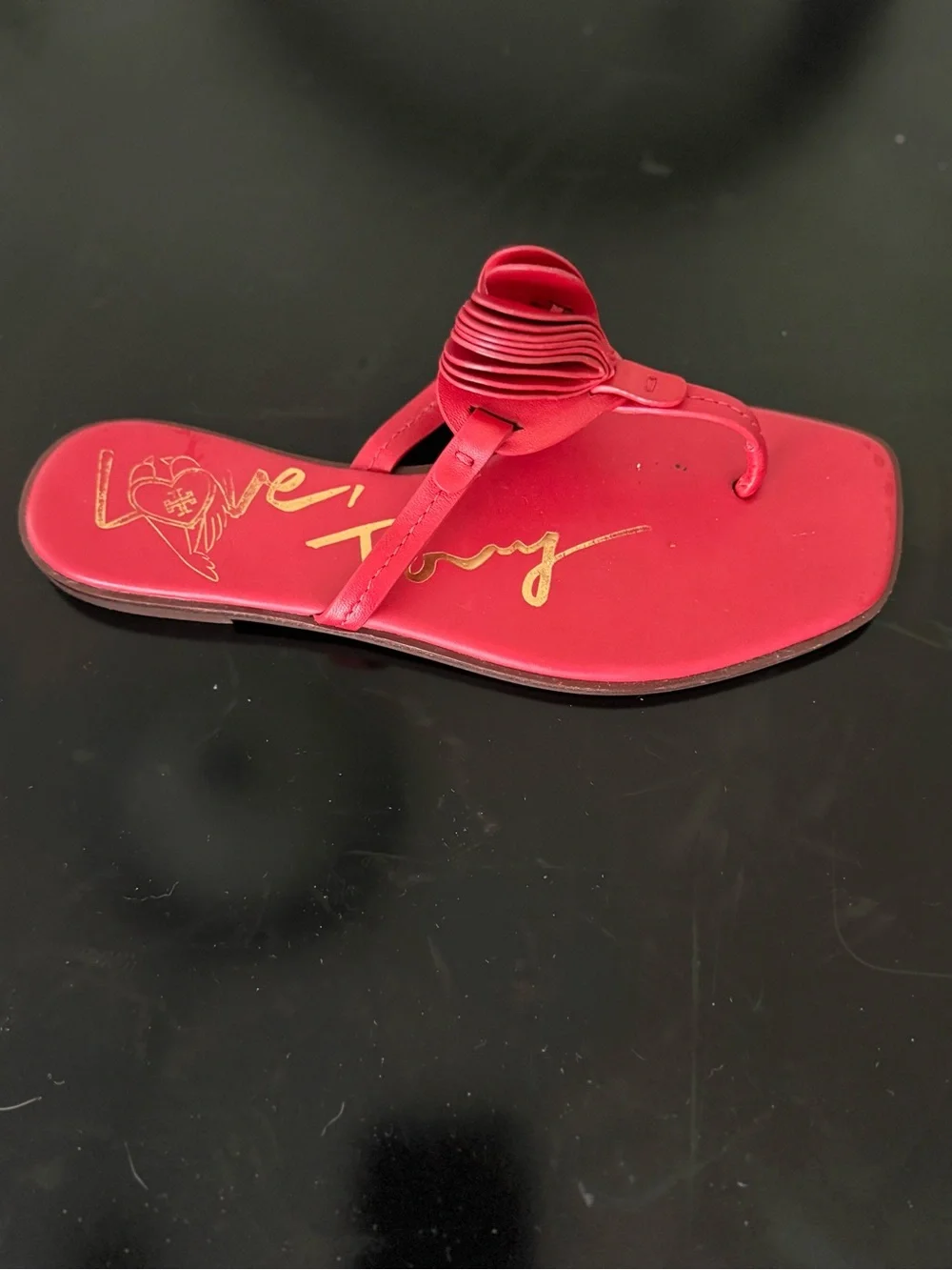 Tory Burch Red Knotted Thong Sandals with Gold Script Accent